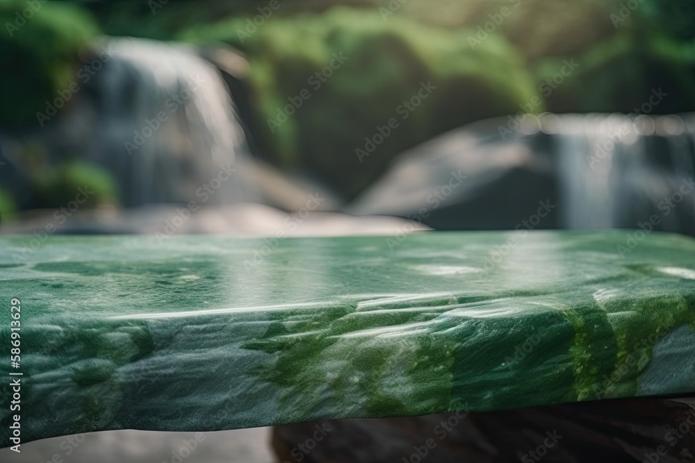 Poster serene green table with a stunning waterfall in the background. Generative AI