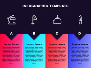 Set line Table lamp, Floor, Chandelier and Light emitting diode. Business infographic template. Vector