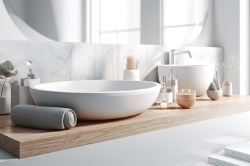 Naklejka na ściany i meble modern bathroom with a large white bowl sink as the focal point. Generative AI