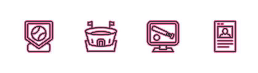 Set line Baseball base, Monitor with baseball game, arena and card icon. Vector