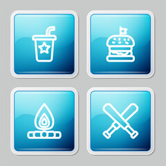 Set line Paper glass with straw, Burger, Campfire and Crossed baseball bat icon. Vector