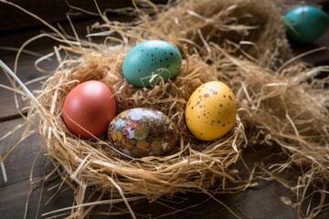 Fototapeta na wymiar Easter egg straw. Holiday decoration. Generate Ai