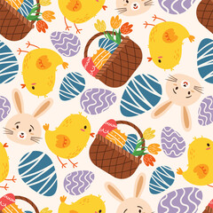 Cute Seamless Pattern Featuring Easter Motifs Such As Bunnies, Eggs, And Chicks In Bright Colors. Easter Design