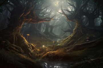 Fantasy dark forest. Magic dark tree. Generate Ai