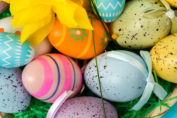 Easter background with eggs and spring flowers
