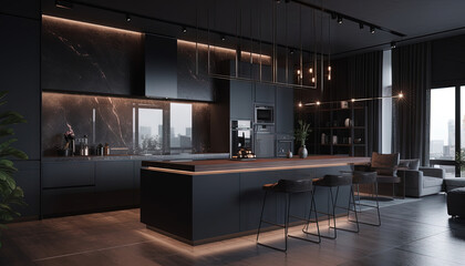 An ultra-modern, roomy apartment with a dining area, a fashionable luxury kitchen decorated in dark tones, and cool led lighting generative ai