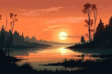 Fototapeta na wymiar picturesque sunset scene over a serene water body. Generative AI