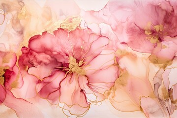 Floral alcohol ink abstract background, pink gold shades, Generative AI illustration image. 