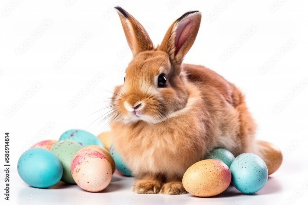 Poster bunny next to a stack of colorful easter eggs. generative ai