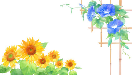 Fototapeta premium 青色アサガオと竹の格子の水彩イラスト。夏の和風のフレームデザイン。