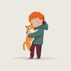 The ginger boy lovingly hugs his ginger cat.. Animal shelters and pet adoption concept. Vector illustration