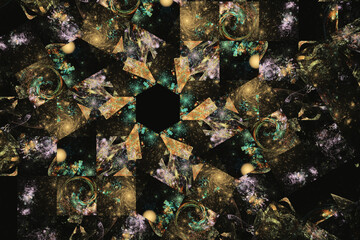 Orange green floral pattern of curved shapes on a black background. Abstract fractal 3D rendering
