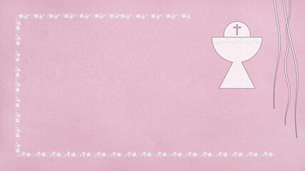 First communion pink reminder with flowery frame and chalice