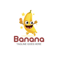 Funny yellow banana character Logo design, vector style on white background