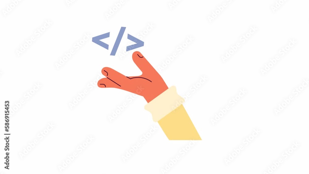 Poster animated angle brackets on hand. coding project. computer programming. 2d cartoon flat character han
