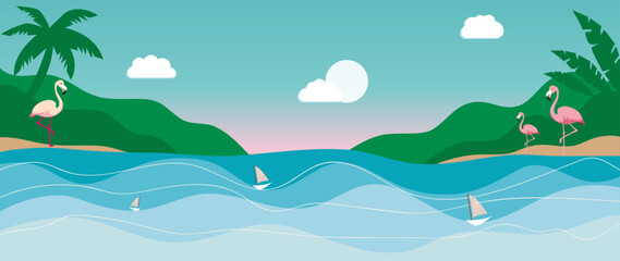 Vector flat illustration. Panorama of the sea and the beach. The picture shows the sea, sails, tropical leaves, flamingos, sun and clouds. Perfect for a summer sale post or banner.