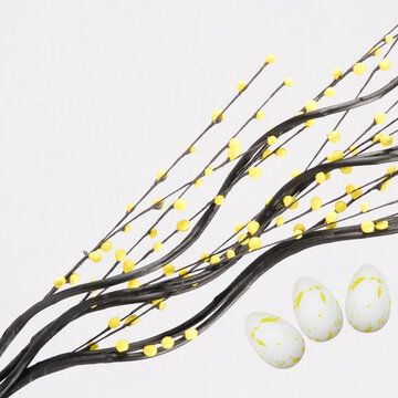 Happy Easter! Colorful Easter yellow eggs with blossoms branch flat lay. Stylish tender spring template.