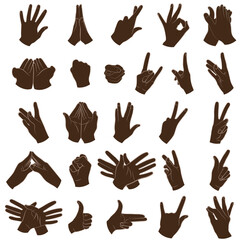 Vector illustration of various African American hand gestures, movements, isolated on a white background, drawn