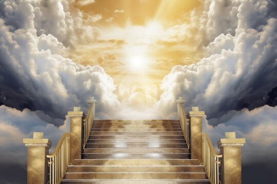 Heaven stairs god. Sky clouds light. Generate Ai
