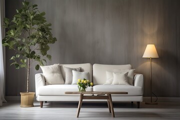 Living room decor including a white fabric sofa, a floor lamp, and a lemon tree in a vase on a wooden coffee table. Generative AI