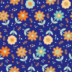 Naive meadowflowers seamless vector pattern background. Vintage retro color scribbled flowers backdrop. Tropical blue orange scattered botanical design. Decorative garden floral print for summer