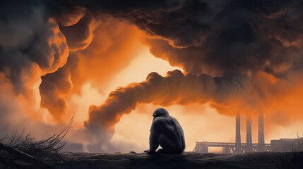 The monkey sits and looks at the chemicals above the factory. Generative AI.