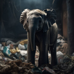 Fototapeta na wymiar An elephant stands among the piles of plastic waste looking for food and shelter, Concept of saving the world. Generative AI.
