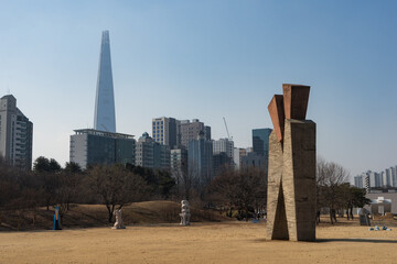 Sculpture Park at Seoul Olympic park host the 1988 Summer Olympics during winter afternoon at Songpa-gu , Seoul South Korea : 4 February 2023 - obrazy, fototapety, plakaty