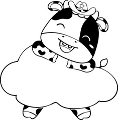 Cute happy smile baby cow sitting on cloud children cartoon character doodle hand drawing 