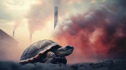 turtle standing looking at toxic fumes from a petrochemical refinery at sunrise. Generative AI.