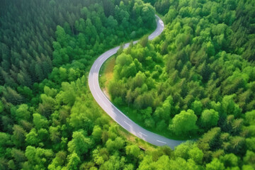 Curvy road through lush green forest seen from above, inviting adventure and immersion in nature with vibrant green hues. Generative AI