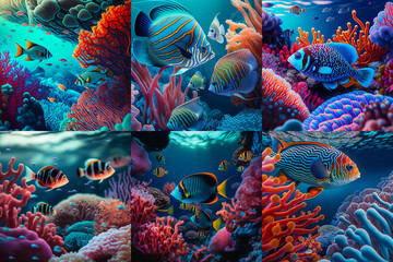 Tropical underwater landscape with fish, corals and seaweeds ai generated illustration featuring a variety of colorful diversity of marine life. Background for travel content, ocean conservation theme