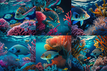 Tropical underwater landscape brimming with colorful fish, corals, and seaweed ai generated image. Backgrounds for marine ecosystem conservation, tourism, or underwater activities and diving themes