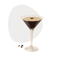 isolated cocktail espresso martini in glass with coffee beans on white and blue background. Vector in color in cartoon style for menu, flyers, restaurants, book, print
