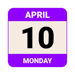 10 April, Monday. Date template. Useful design for calendar or event promotion. Vector illustration EPS 10 File.