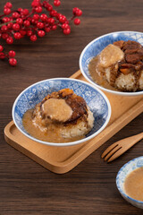 Migao, tube rice cake, rice pudding in a bowl, delicious Taiwanese street food.