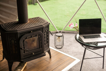 laptop in the dome camping
