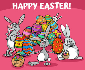 cartoon Easter Bunnies with coloered egg greeting card