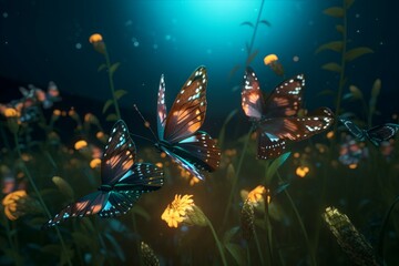 Fototapeta na wymiar Butterflies night flight. Glowing summer field. Generate Ai