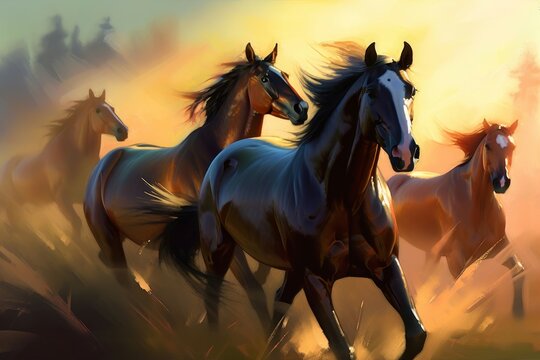 Running horses sunrise. Nature animal. Generate Ai