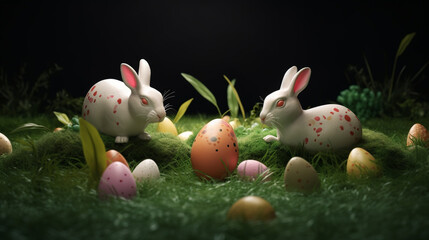 Easter eggs on the grass near the hare. Easter background. generative ai