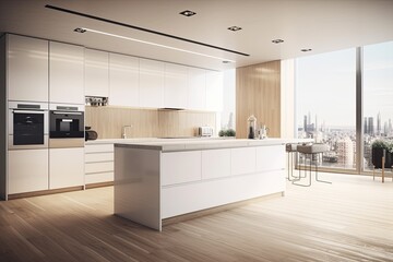 Contemporary Kitchen with Panoramic City View through Large Window. Generative AI