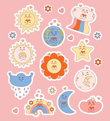 Groovy retro cartoon characters weather. Cute sun, moon, cloud, rainbow, flower power and planet earth with heart. Isolated vector illustrations. Collection funny stickers in trendy nostalgic style.