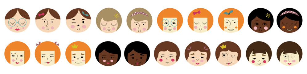 Feminine look, abstract personage, mascot design, funny face, cute icon.