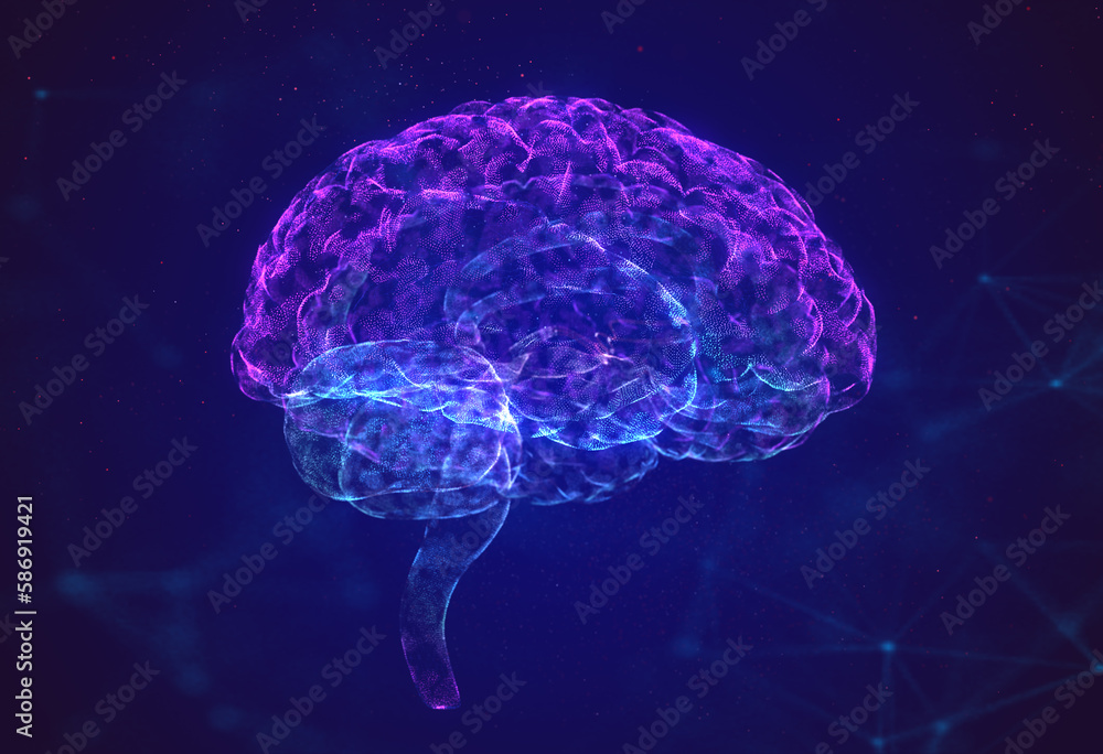 Poster brain. blue 3d side of the brain with synapses and glowing neurons. conceptual image of the birth of