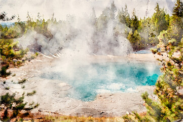 Digitally created watercolor painting of steam rising from a thermal spring by in Yellowstone National Park