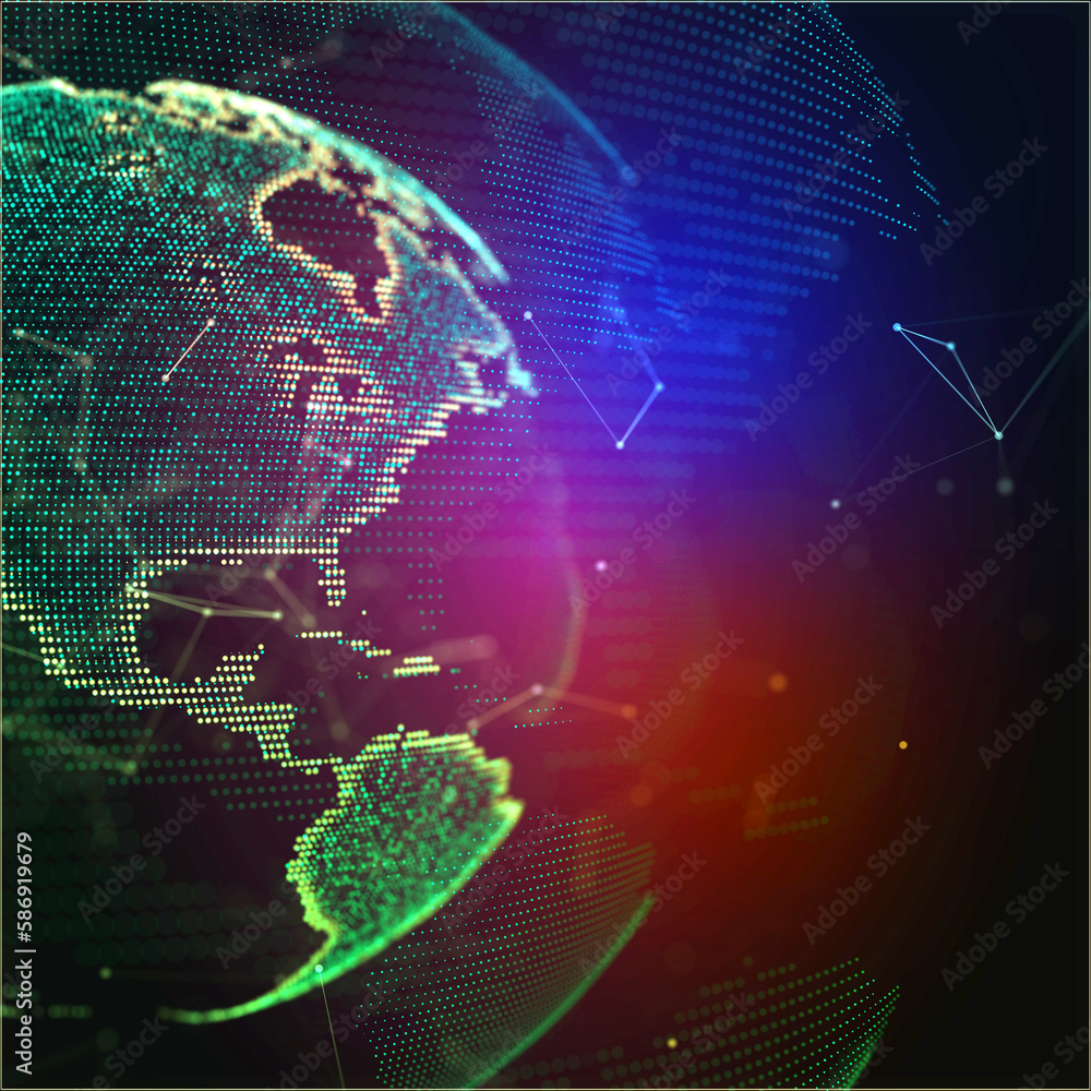 Poster colorfull background with earth planet. internet satellites transmit signals. planet map. global soc