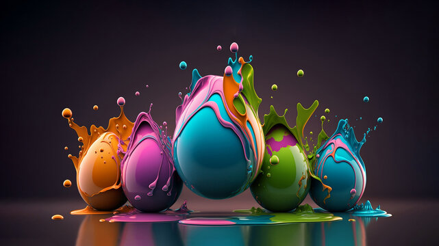 a group of colorful eggs with splashing paint on them on a dark background, Generative AI