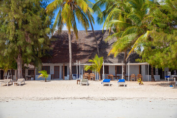 View of tropical sandy beach on Zanzibar, Tanzania. 