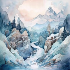 The Snow-covered Mountains Watercolor Generative Ai